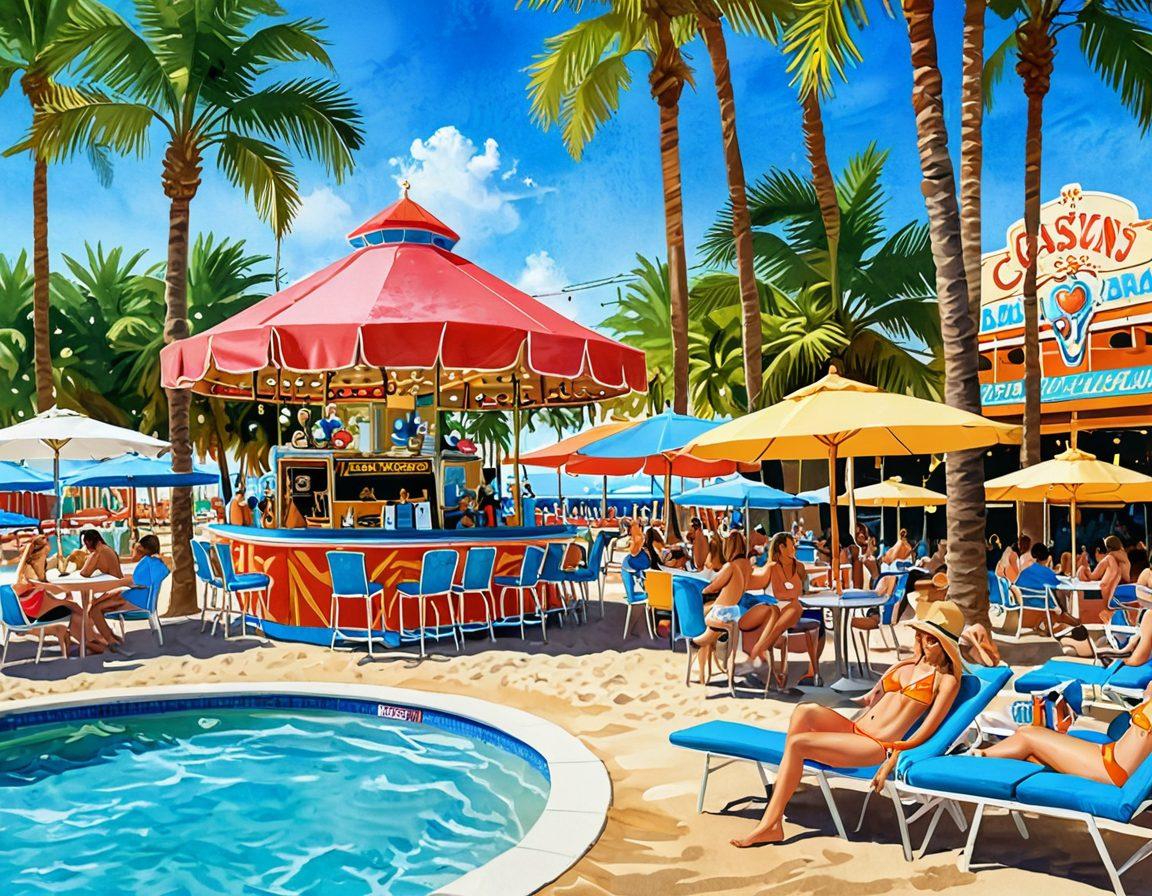 A vibrant and playful beach scene featuring colorful bikinis, sunbathers lounging around a stylish casino-themed beach bar. In the background, include palm trees, roulette wheels incorporated into beach volleyball nets, and lively summer games. Capture the essence of summer, fun, and excitement associated with casino offers. Bright, sunny atmosphere with dynamic beach colors. watercolor style. vibrant colors.
