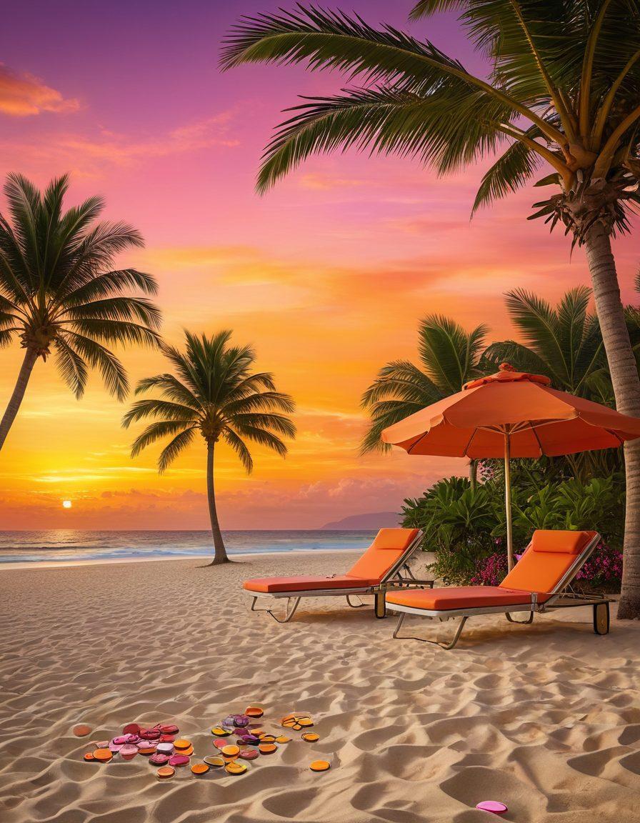 A vibrant tropical scene combining beach chairs under palm trees with slot machines integrated into the surroundings, colorful casino chips scattered on the sand, and a sunset illuminating the scene. Include elements like cocktails with umbrellas and a hint of casino lights on the beach. super-realistic. vibrant colors. tropical theme.
