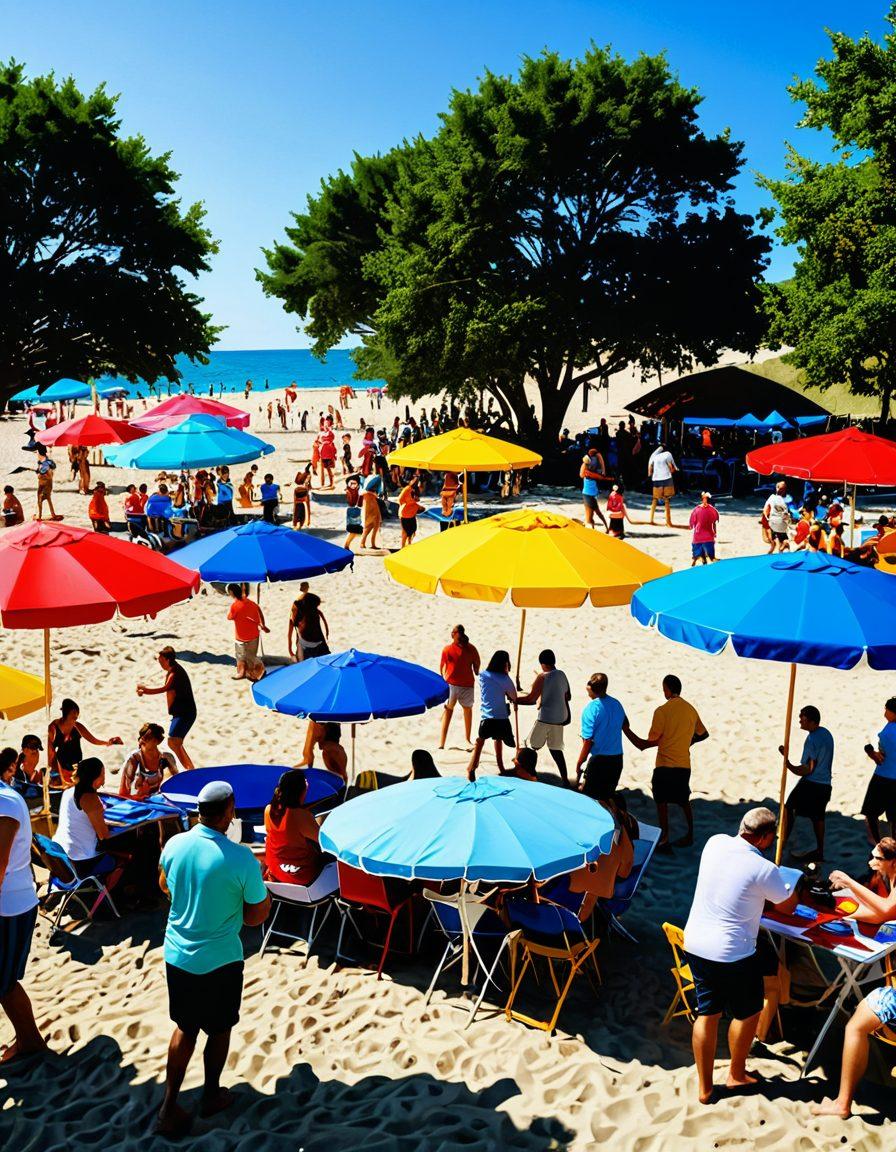 A lively outdoor scene featuring people joyfully engaged in various summer games like beach volleyball, frisbee, and tug-of-war under a bright sun. Incorporate colorful umbrellas and refreshing drinks on nearby tables. Capture a festive atmosphere with banners showcasing exciting promotions and prizes. The background should depict a sandy beach and clear blue skies. vibrant colors. super-realistic.